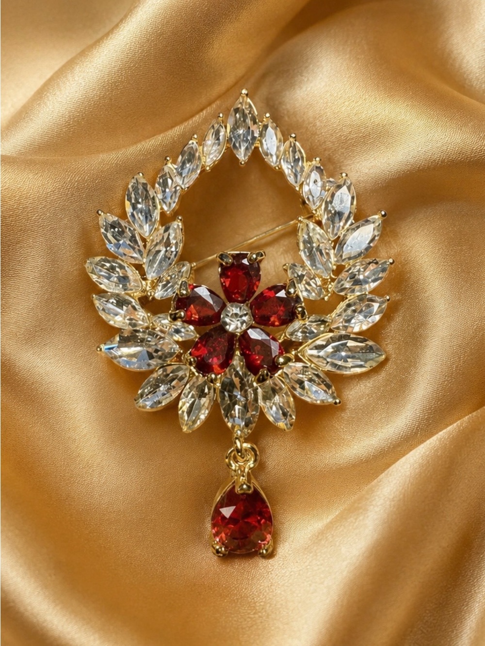 Brooch Gold with Crystals Red Crystal Flowers Dangle Stone Charm Pin